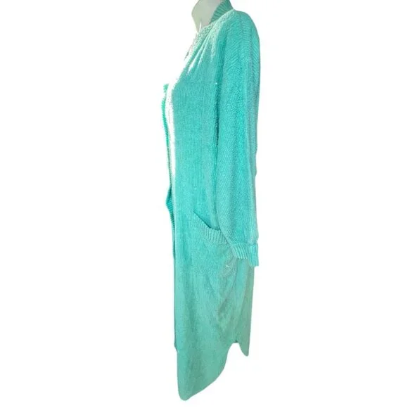 Chenille Button-Front Housecoat 1X Aqua Blue Long Sleeves Dual Pockets VTG READ - Picture 4 of 10